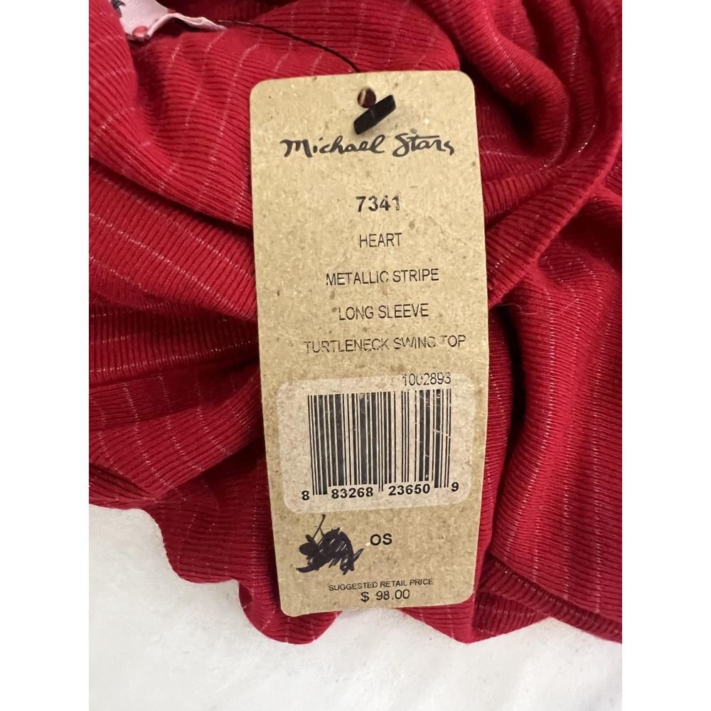 Michael Stars Turtleneck Swing Top Womens One Size Red Metallic Stripe Shirt NWT - Picture 6 of 7